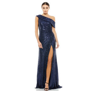 Ieena By Mac Duggal Sequined Drop Shoulder Gown Dress Off The Shoulder Blue 6